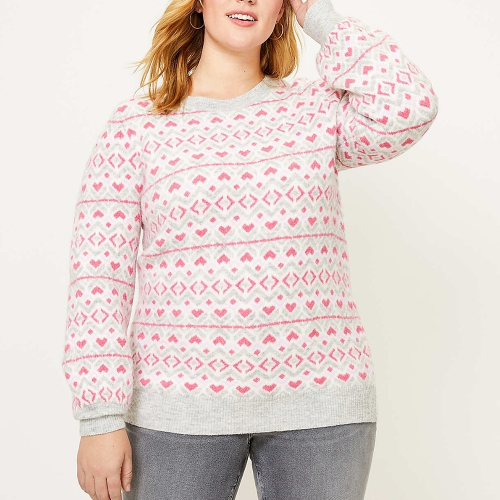 LOFT plus round neck blouson sleeves sweater, 16/18, gray/ pink